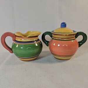 Pacific Rim Hand Painted Striped Creamer Sugar Bowl Lid Set Orange Green Handles